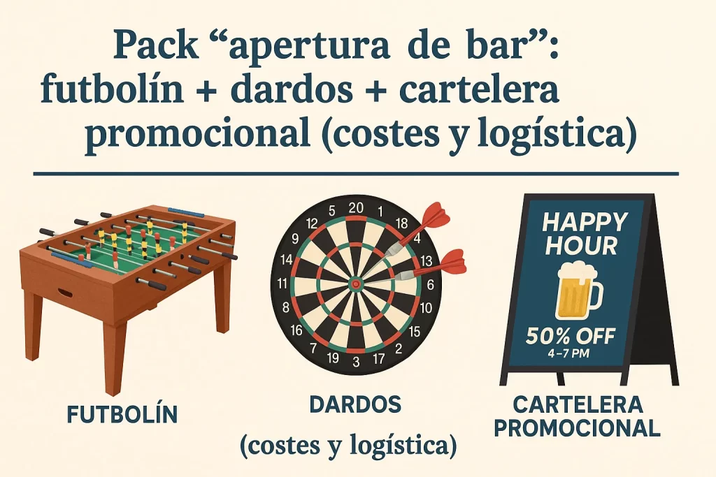 Pack “apertura de bar”: futbolín + dardos + cartelera promocional (costes y logística)